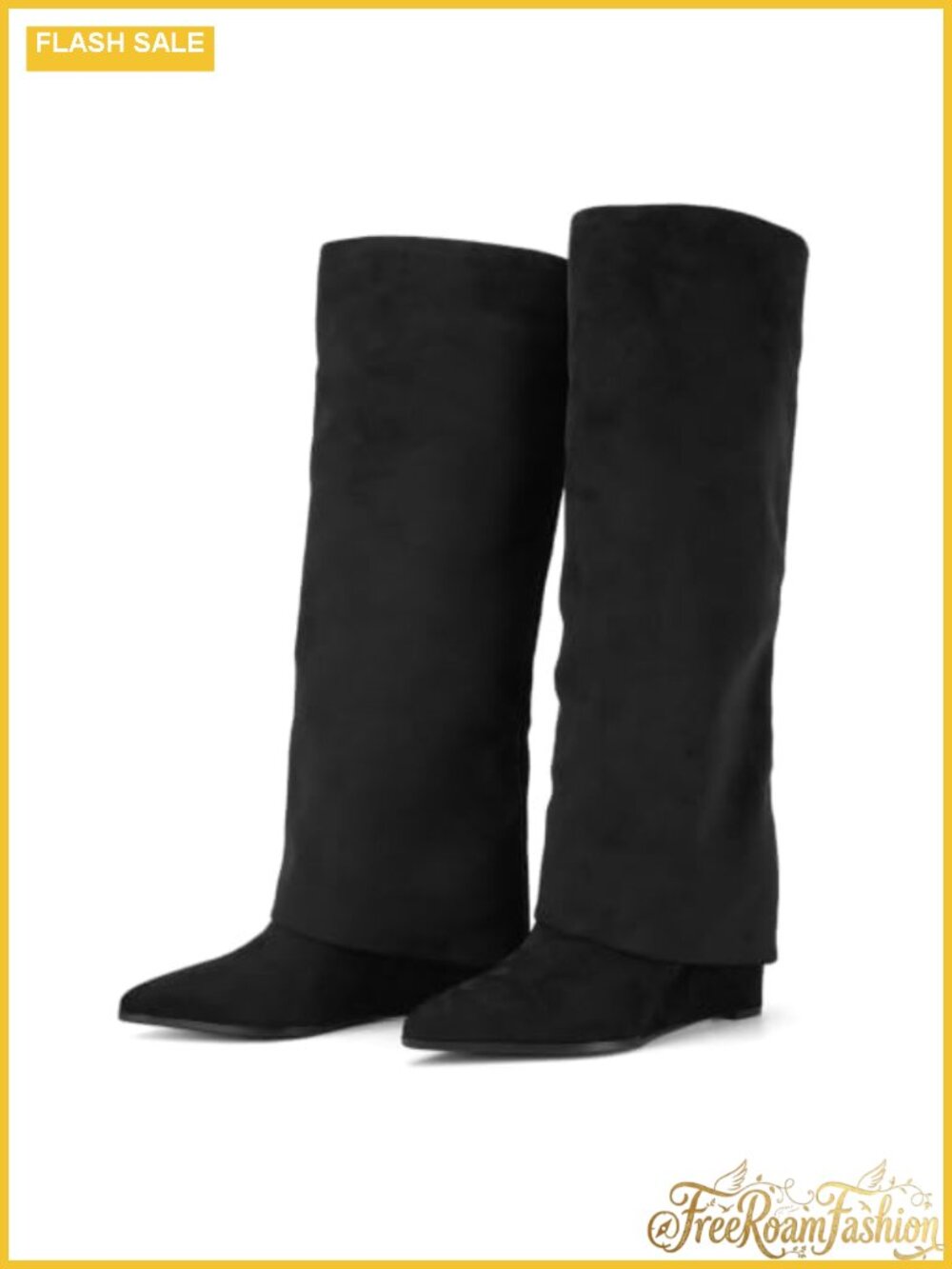 Womens Knee High Wedge Boots Pointed Toe Slouchy Wide Calf Faux Suede